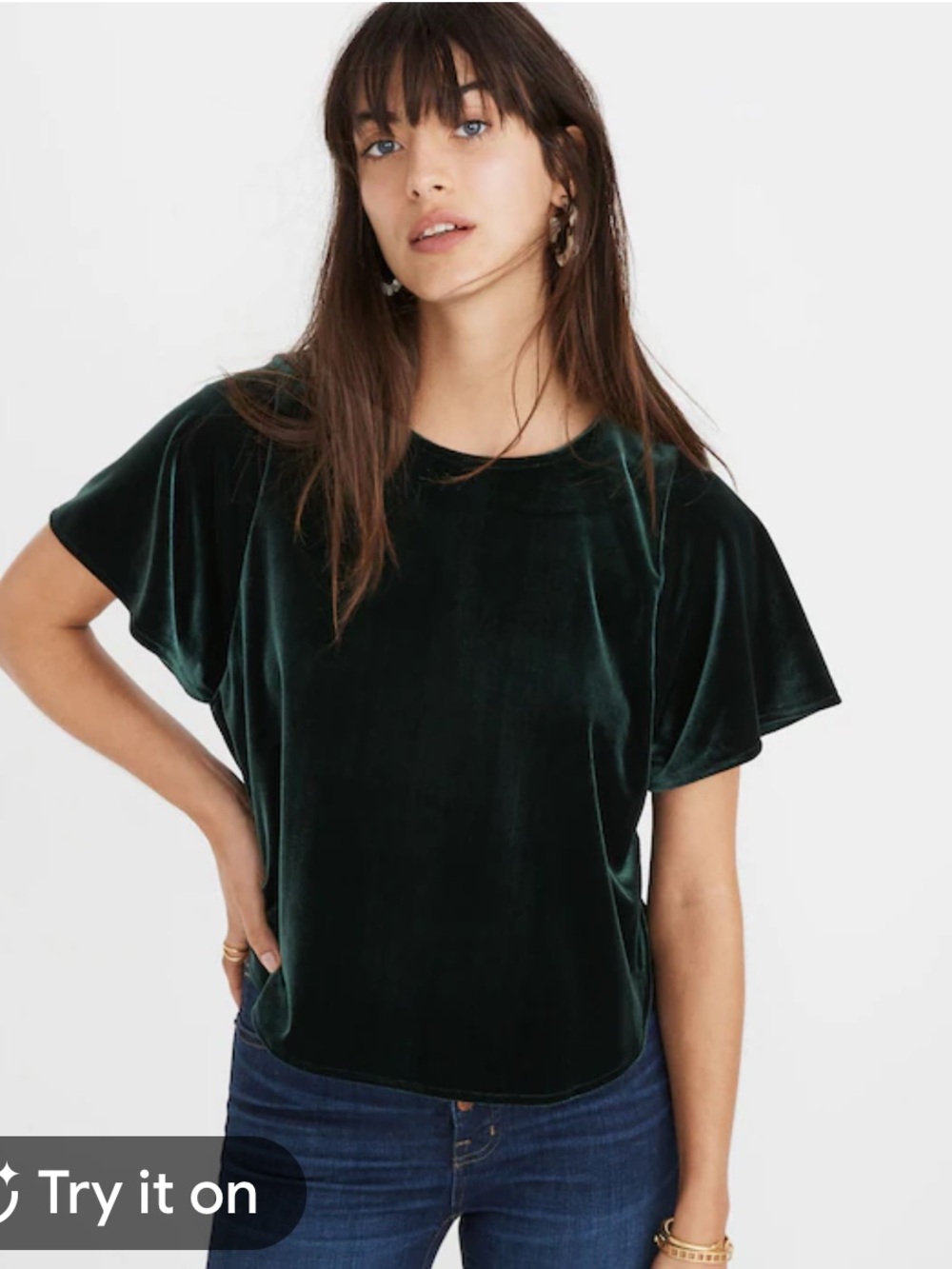Madewell Emerald Velvet Flutter Sleeve Top